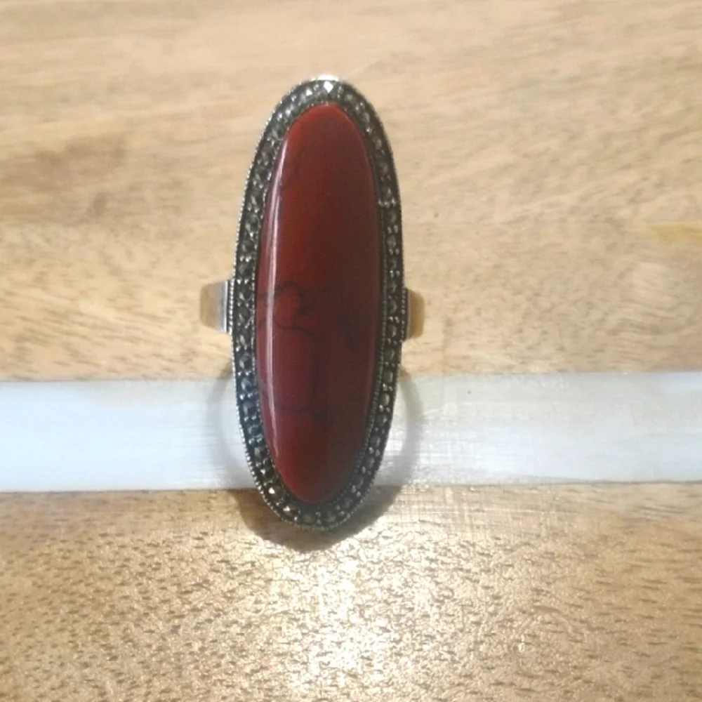 Red Jasper Marcasite Silver Ring, Size 9